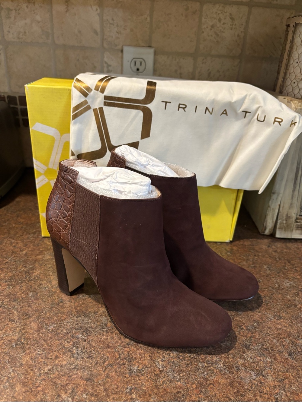Trina Turk Brown Suede Croc-Accent Ankle Booties
